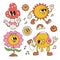 Set of retro cartoon characters with face expressions. Retro groovy contour graphic flowers, mushroom, melting yellow