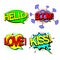 Set retro of cartoon, speech sketch. HELLO, BOOM, KISS, LOVE. Comic speech bubbles. Dialog Clouds in pop art style. Vector