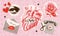 Set of retro halftone Valentine day torn out paper stickers elements of human heart, eye, love letter, rose and retro