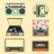 Set of retro music gadgets from 21-st century. Old musical devices vector illustration. Tape stereo system, audio