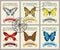 Set of retro postage stamps with butterflies