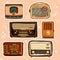 A set of retro radios in the sketch style. A quick sketch of vintage receivers for stickers. Suitable for the use of