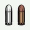 Set of retro vintage bullets in monochrome and color mode. 9mm ammo for pistol gun. Line woodcut style.