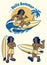 Set of Retro Vintage Drawing of Tropical Surfer Men