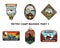 Set of retro Wanderlust Logos Emblems. Vintage hand drawn travel badges. Different camp, forest activities scenes