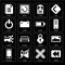 Set of Rewind, Multiply, Smartphone, Unlocked, Speaker, Battery, Switch, Id card, Notepad icons