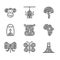 Set Rhinoceros, Butterfly, Volcano eruption, Map of Africa, Elephant, Camping lantern, Mushroom and Monkey icon. Vector