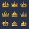 Set of rich golden crowns. Vector flat illustration