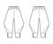 Set of Riding breeches shorts pants technical fashion illustration with knee length, low waist, rise, curved pocket