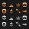 Set Ringing alarm bell, Masons, Snake, Bottle with potion, Gemini zodiac, King crown, Skull and Magic powder icon