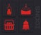 Set Ringing bell, Bottle of wine, Easter cake and candle and Basket with easter eggs icon. Vector
