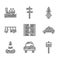 Set Road, Police car and flasher, traffic signpost, Taxi, Traffic cone, Bus, Rocket ship with fire and Cargo boxes icon
