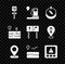 Set Road traffic sign, Location and gas station, Compass, with beach, Gps device error, Broken road and icon. Vector