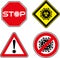 Set of roadsign with corona virus symbol.