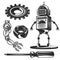 Set of robot elements hand, screwdriver, gears etc. for creating your own badges, logos, labels, posters etc. Isolated on white