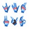 Set of robotic hand doing various gestures. Mechanical palm showing ok sign, call, rock and roll gesture cartoon vector