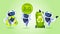 set robots with recycle waste symbol green arrows logo artificial intelligence save planet environmental protection