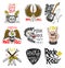 Set of Rock and Roll music symbols with Guitar Wings Skull, Drums Plectrum. labels, logos. Heavy metal templates for