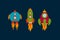 A set of Rocket icons. Vector Shuttle, Rocket, Satellite, UFO. A collection of flying vehicles on a black background. Cartoon