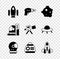 Set Rocket ship, Ray gun, Asteroid, Astronaut helmet, Space capsule, and Telescope icon. Vector