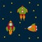 A set of Rockets in the solar system. Vector Shuttle, Rocket, Satellite, UFO. Collection of flying vehicles in space.