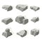 Set of rocks in isometry. Granite rocks, gray blocks