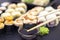 Set of rolls, wasabi, sauce and wooden sticks