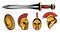 Set of roman or spartan warrior head, spartan helmet for head with roman armor and sword, spartan warrior colored drawing