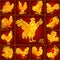 Set roosters gold on red