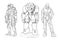 Set of Rough Pencil Drawings of Various Characters in Sci-fi Suit