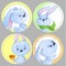 Set of round clipart with cute baby rabbits, baby animals, autumn theme, leafs, scarf for baby clothing, stickers, games