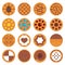 Set of round cookies with caramel, chocolate, nuts and various fillings. Vector illustrations and drawings.