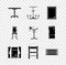 Set Round table, Chandelier, Picture, Window with curtains, Chair, Chest of drawers, and Coat stand icon. Vector