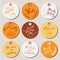 Set of round thanksgiving tags for holiday design with lettering, pumpkins, pumpkin pie, wheat ears and oak leaves