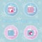 A set of round vector icons Warm Winter. Two white cups in a knitted cover blue and pink color and two cups in a knitted cover wit