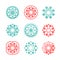 Set of round vector logos. Snowflakes logotypes. Turquoise and red circular labels. Chemical elements. Molecular icons