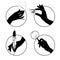 Set of round vintage icons with black silhouettes of female hands with accessories