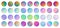 Set of rounded holographic gradient sphere button. Multicolor green purple yellow orange pink cyan fluid circle gradients,