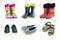 Set of rubber boots, sneakers, and sandals for kids isolated on