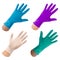 Set of rubber disposable gloves on a hand. Latex glove and nitrile gloves of different colors on a white background