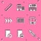 Set Ruler, Hotel building, Supermarket, Arrow, Open book, Bus, Audio and icon. Vector