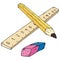 Set of ruler, pencil, erase icon. Vector illustration set of drawing instruments. Pencil, eraser, ruler for drawing.