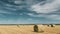 Set. Rural Landscape Field Meadow With Hay Bales After Harvest. Time Lapse, Timelapse, Time-lapse