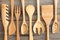 Set of rustic wooden handcrafted kitchen utensils