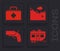 Set Rv Camping trailer, First aid kit, Mountains and Flare gun pistol icon. Vector