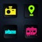 Set Rv Camping trailer, Photo camera, Wooden log and Location. Black square button. Vector