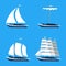 Set of sailboats with lowered and raised sails