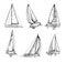 Set of sailing yacht floats on waves. Small ship for recreation and travel. Outline sketch. Hand drawing isolated on