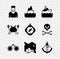 Set Sailor captain, Iceberg, Cruise ship, Binoculars, Pirate treasure map, Anchor, Crab and Compass icon. Vector