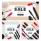 Set of sale banners with makeup cosmetics. Red lipstick, mascara, powder and cosmetic pencils.